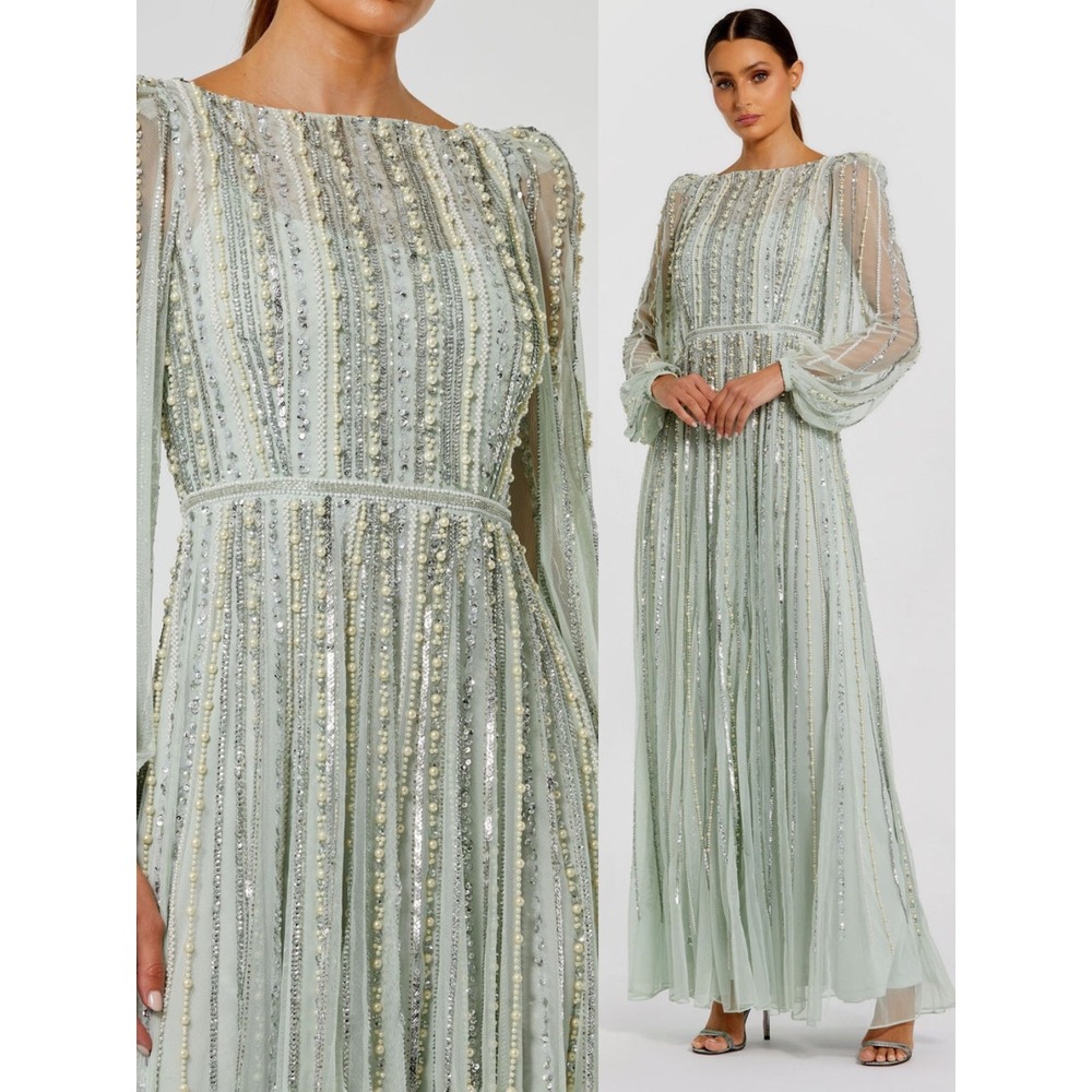 NWT Mac Duggal Mint Green Boat Neck Long Sleeve Pearl Beaded Gown $798 - Size 6